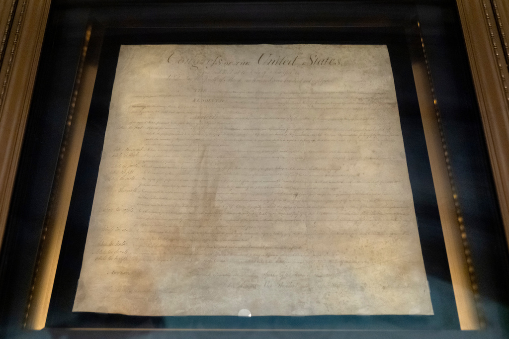 FILE - The Bill of Rights is displayed at the National Archives on Sept. 16, 2025, in Washington. (AP Photo/Mark Schiefelbein, File)