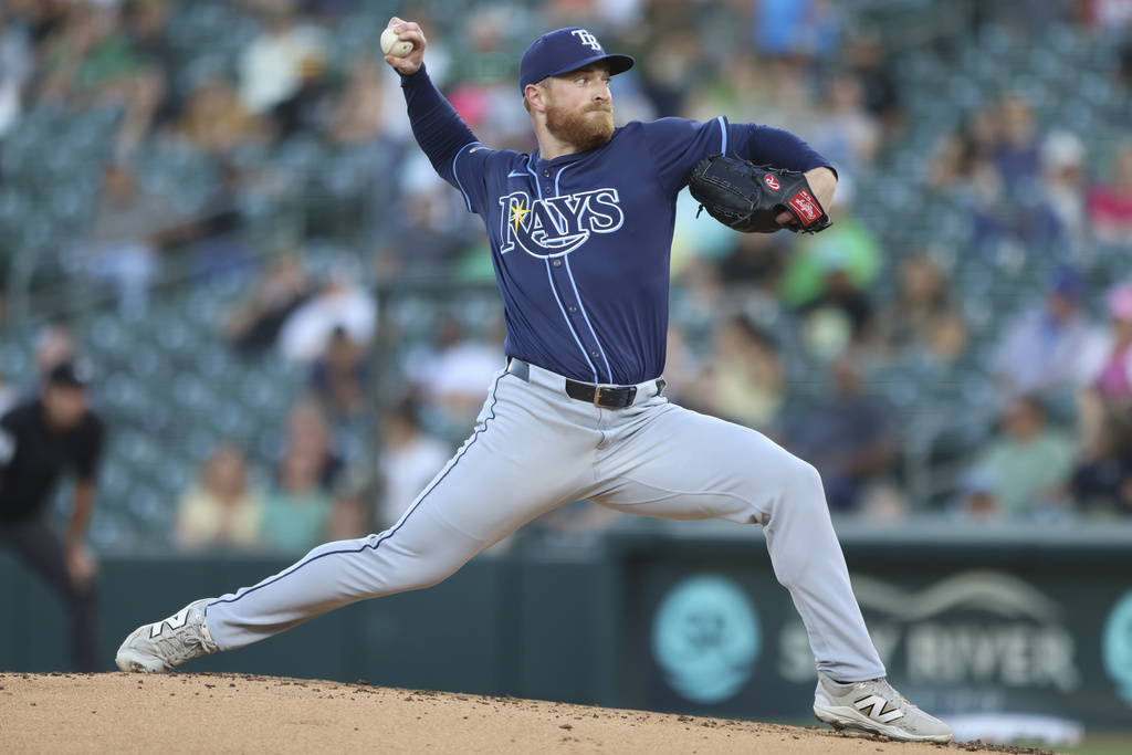 Tampa Bay Rays pitcher Drew Rasmussen throws to an Athletics batter during the first inning of a baseball game Wednesday, Aug. 13, 2025, in West Sacramento, Calif. (AP Photo/Scott Marshall)