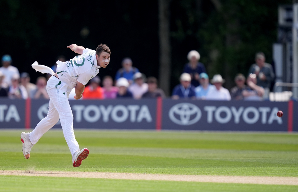 Ireland's Thomas Mayes in action on day one of the International Test Match between Ireland and New Zealand, in Belfast, Ireland, Wednesday May 27, 2026. (Niall Carson/PA via AP)
