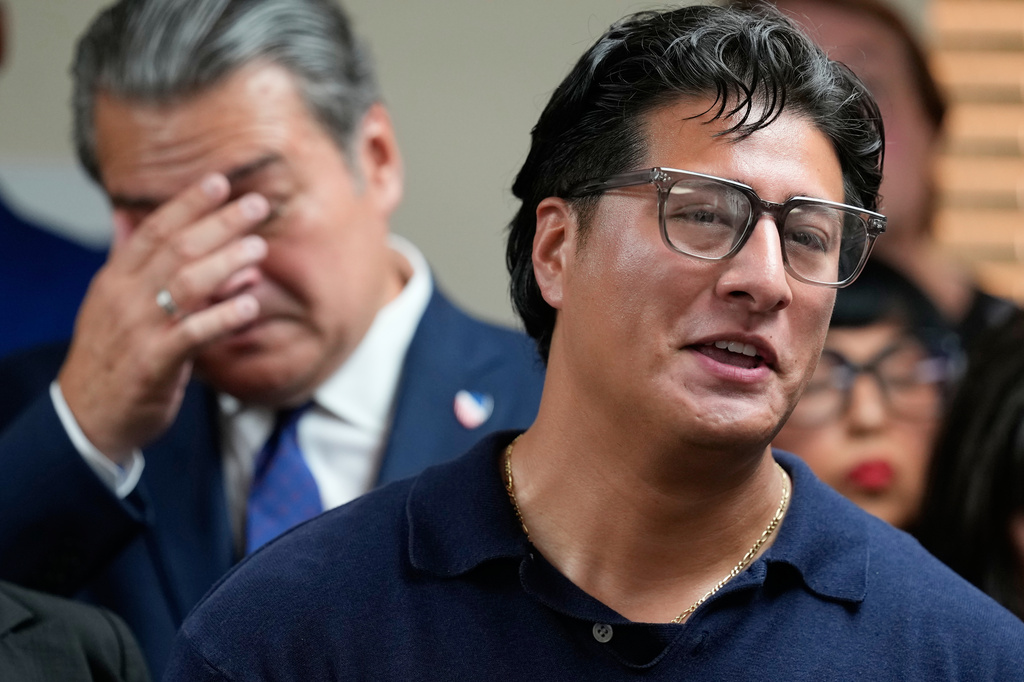 Ronaldo Salgado, son of Lorenzo Salgado Araujo, speaks during a news conference Wednesday, July 8, 2026, in Houston. (AP Photo/David J. Phillip)