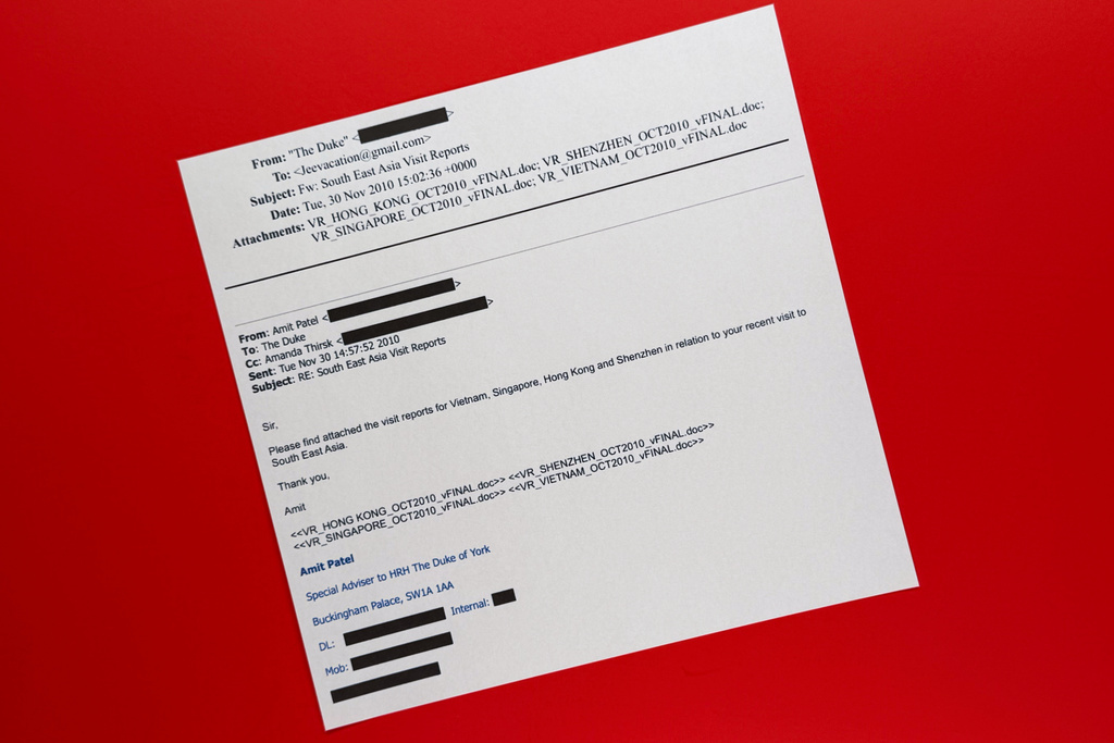A document that was included in the U.S. Department of Justice release of the Jeffrey Epstein files, photographed Monday, Feb. 9, 2026, shows an email to Epstein. (AP Photo/Jon Elswick)