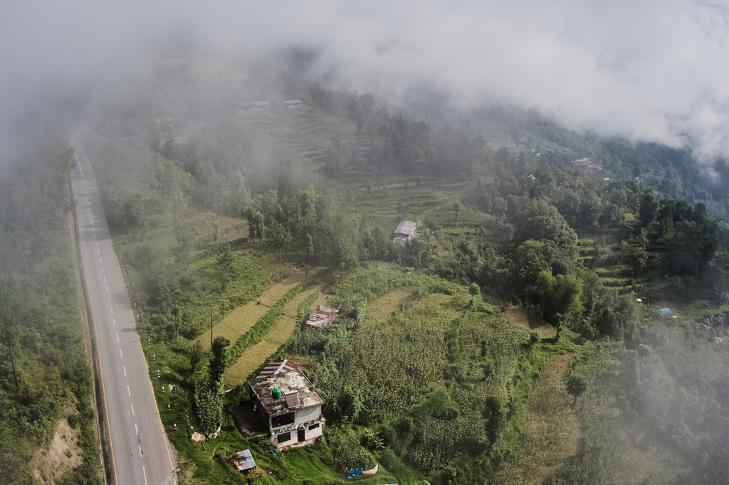 An aerial view of Dharamghar village, Dolakha district, about 86 kilometers (53 miles) east of Kathmandu, Nepal, Sunday, July 26, 2026. (AP Photo/Niranjan Shrestha)