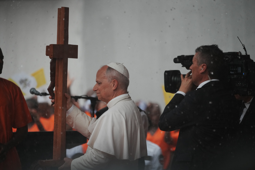 Pope Leo XIV visits the Bata Prison, Equatorial Guinea, Wednesday, April 22, 2026. (AP Photo/Andrew Medichini)