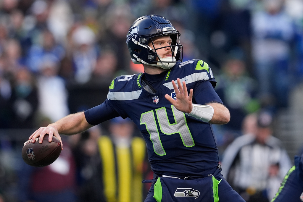 Seattle Seahawks quarterback Sam Darnold throws during the first half of the NFC Championship NFL football game against the Los Angeles Rams, Sunday, Jan. 25, 2026, in Seattle. (AP Photo/Godofredo A. Vásquez)
