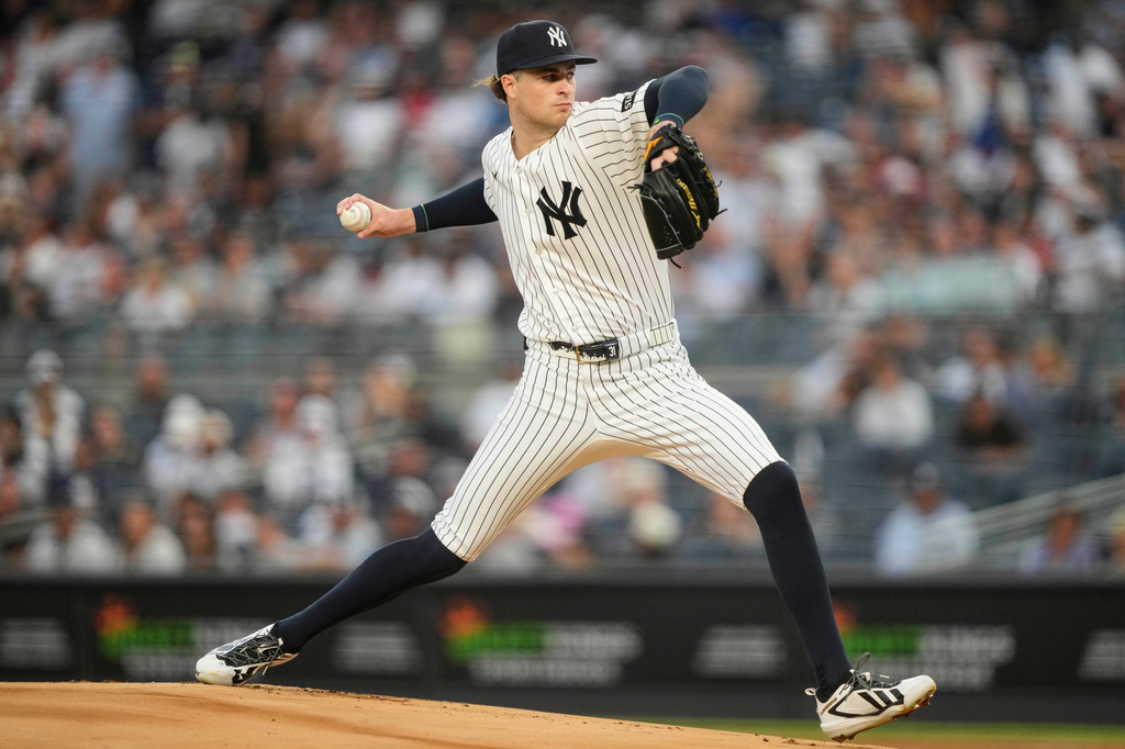 New York Yankees pitcher Cam Schlittler throws during the first inning of a baseball game against the Boston Red Sox, Friday, Aug. 28, 2026, in New York. (AP Photo/Yuki Iwamura)