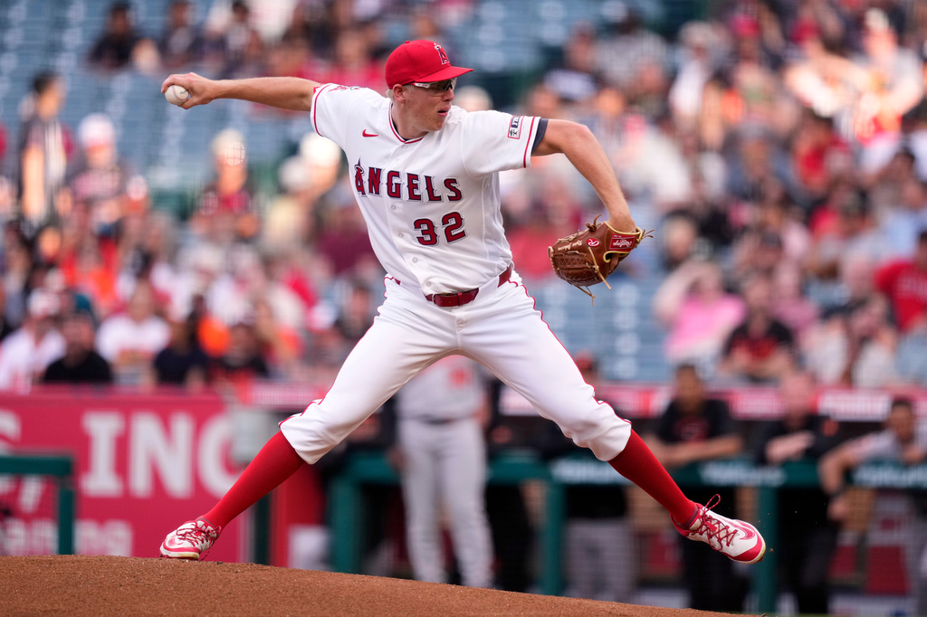 Los Angeles Angels pitcher Ryan Johnson throws to the plate during the first inning of a baseball game against the Baltimore Orioles, Tuesday, June 23, 2026, in Anaheim, Calif. (AP Photo/Mark J. Terrill)