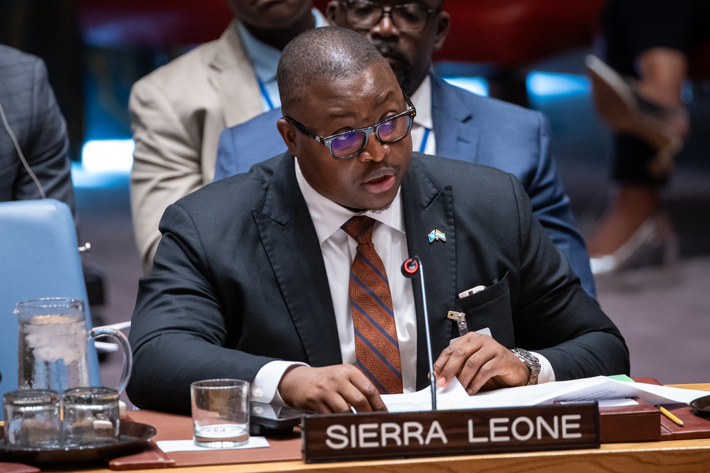 FILE - Musa Timothy Kabba, Sierra Leone's Foreign Minister, addresses the High-Level Security Council meeting of the United Nations General Assembly, Tuesday, Sept. 23, 2025. (AP Photo/Angelina Katsanis, File)