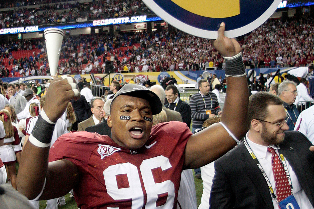 FILE - Alabama's Luther Davis (96) reacts after their 32-13 win over Florida in the SEC championship NCAA college football game at the Georgia Dome in Atlanta, Dec. 5, 2009. (AP Photo/Dave Martin, File)
