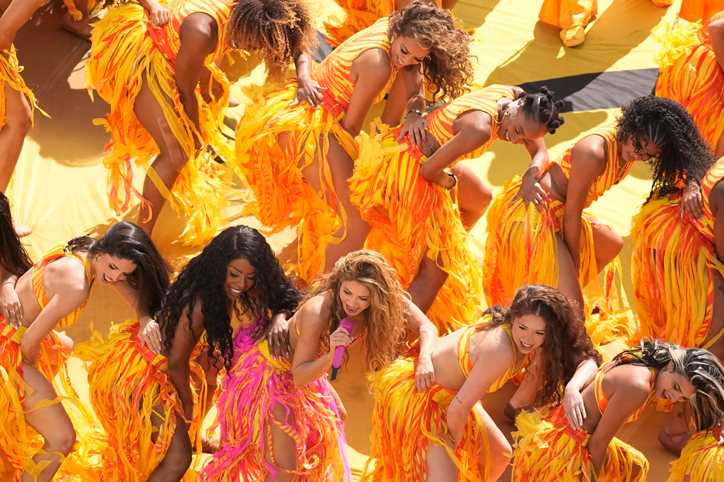 Shakira performs during halftime during the World Cup final soccer match between Spain and Argentina in East Rutherford, N.J., near New York, Sunday, July 19, 2026. (AP Photo/Matt Slocum)
