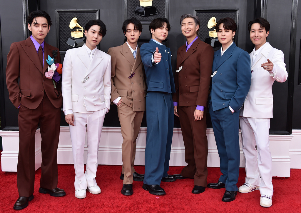 FILE - Korean group BTS appears at the 64th Annual Grammy Awards in Las Vegas on April 3, 2022. (Photo by Jordan Strauss/Invision/AP, File)