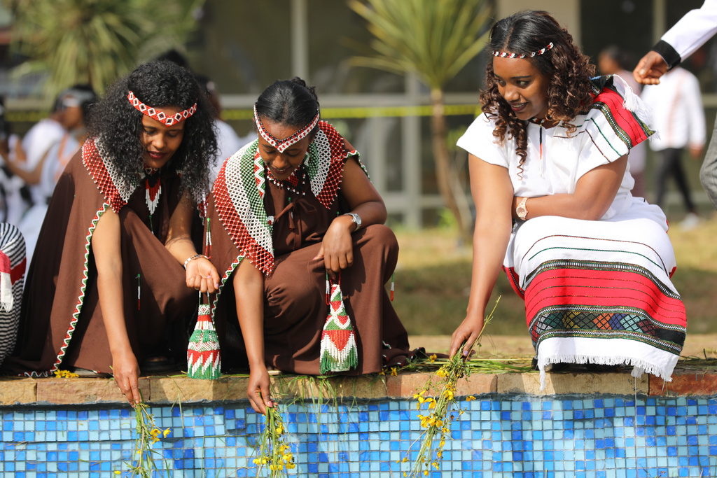 People attend the annual thanksgiving celebrations in Addis Ababa, Ethiopia, Saturday, Oct 4, 2025. (AP Photo/Amanuel Birhane)