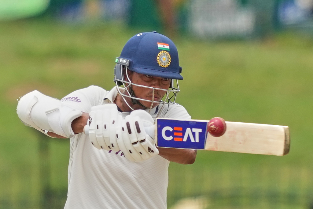 India's Yashasvi Jaiswal plays a shot during day one of the second cricket test match between Sri Lanka and India in Colombo, Sri Lanka, Sunday, Aug. 23, 2026. (AP Photo/Eranga Jayawardena)