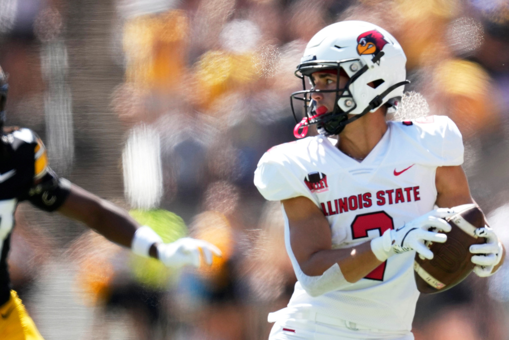 FILE - Illinois State wide receiver Daniel Sobkowicz (2) catches a pass in front of Iowa defensive back Jermari Harris (27) during the first half of an NCAA college football game, Saturday, Aug. 31, 2024, in Iowa City, Iowa. (AP Photo/Charlie Neibergall, File)