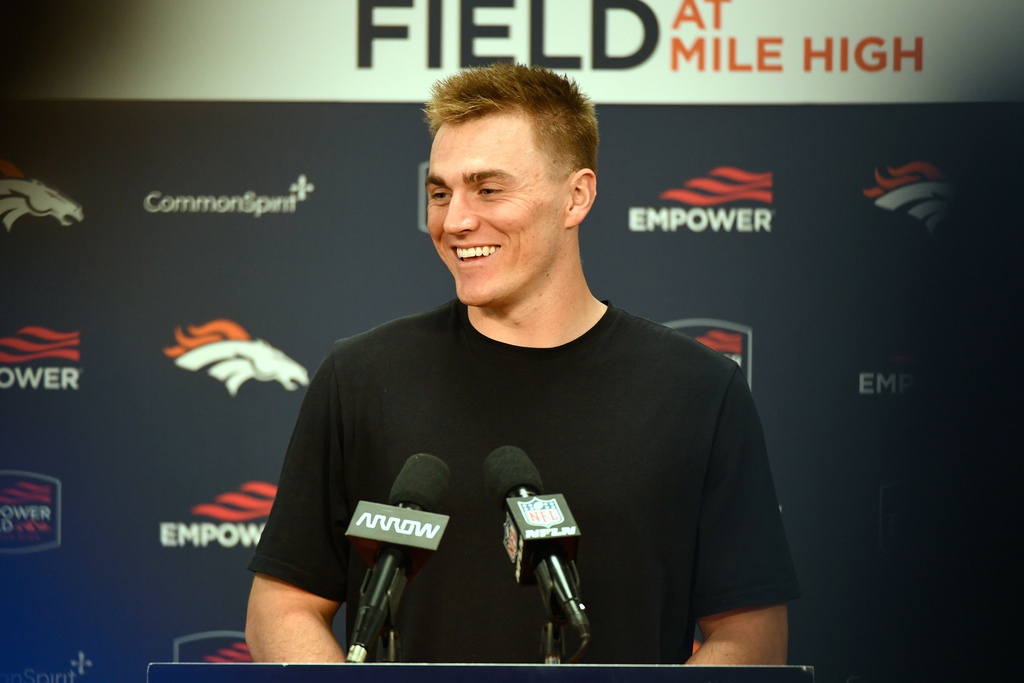 Denver Broncos quarterback Bo Nix responds to a question during a news conference after an NFL football game against the Los Angeles Chargers, Sunday, Jan. 4, 2026, in Denver. (AP Photo/Eric Lutzens)