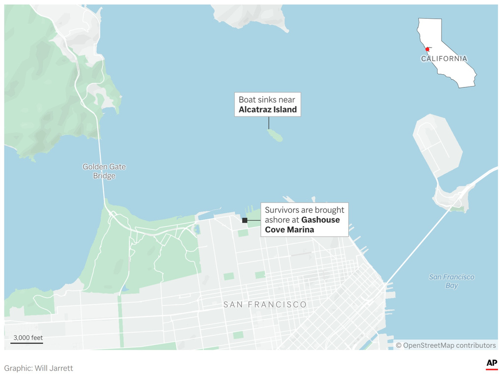 Map showing Alcatraz Island, near where a boat sank in San Francisco Bay. (AP Digital Embed)