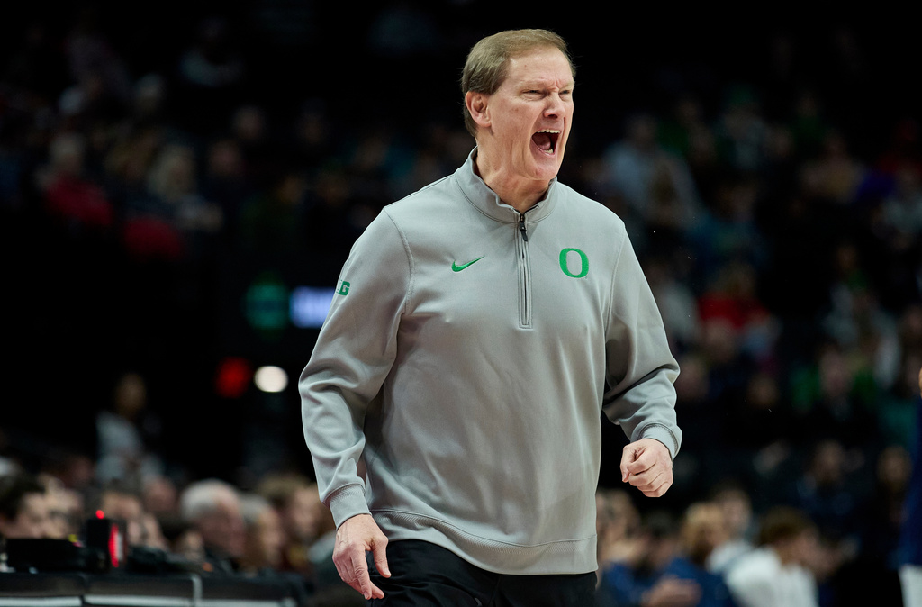 Oregon head coach Dana Altman yells during the first half of an NCAA college basketball game against Gonzaga in Portland, Ore., Sunday, Dec. 21, 2025. (AP Photo/Craig Mitchelldyer)