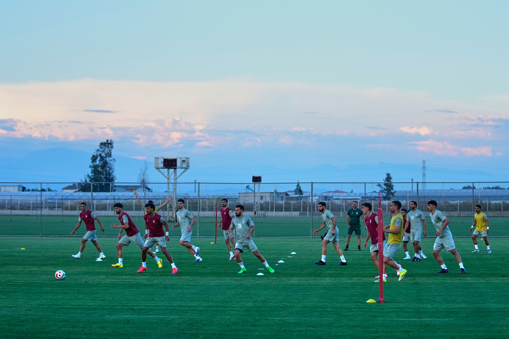 Iran's players work out during a training session, in Antalya, southern Turkey, Tuesday, June 2, 2026, ahead of the World Cup soccer tournament. (AP Photo/Khalil Hamra)