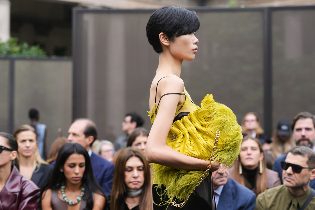 A model wears a creation part of the Ferragamo women's Spring-Summer 2026 collection, that was presented in Milan, Italy, Saturday, Sept. 27, 2025. (AP Photo/Luca Bruno).