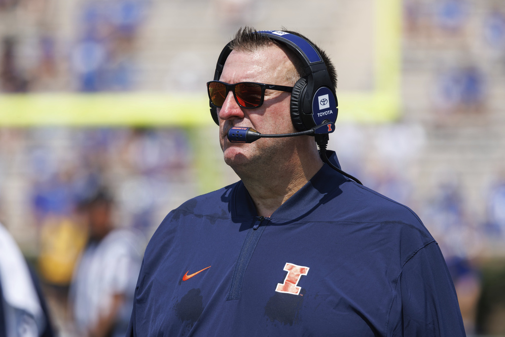 Illinois head coach Bret Bielema looks towards the field during the first half of an NCAA college football game against Duke in Durham, N.C., Saturday, Sept. 6, 2025. (AP Photo/Ben McKeown)