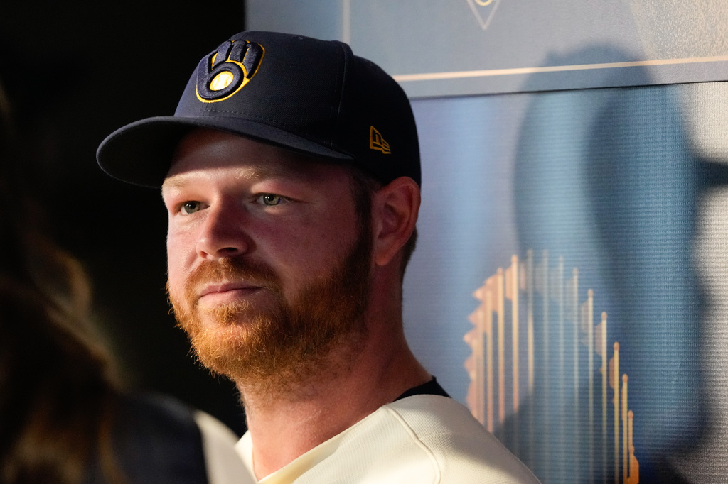 Milwaukee Brewers' Brandon Woodruff speaks during a World Series baseball media day, Thursday, Oct. 22, 2026, in Milwaukee, ahead of Game 1 between the Milwaukee Brewers and the Tampa Bay Rays. (AP Photo/Kayla Wolf)