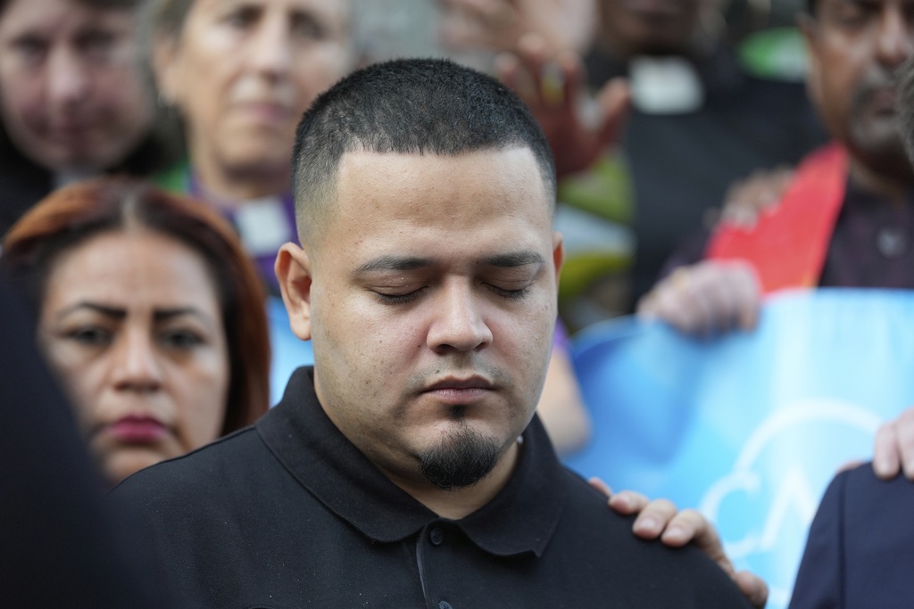 Kilmar Abrego Garcia attends a protest rally at the Immigration and Customs Enforcement field office in Baltimore, Monday, Aug. 25, 2025, to support Abrego Garcia. (AP Photo/Stephanie Scarbrough)