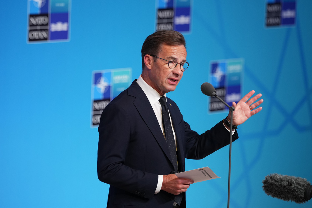 Sweden's Prime Minister Ulf Kristersson speaks as he arrives for the NATO summit in Ankara, Turkey, Wednesday, July 8, 2026. (AP Photo/Emrah Gurel)