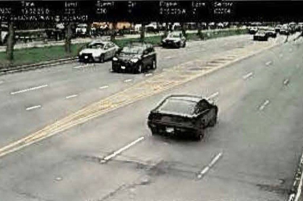 This image provided by the New York Department of Finance shows a black Pontiac Trans Am with the same license plate as the Pontiac Trans Am from the 1980s TV series, “Knight Rider," speeding in a school zone, April 22, 2026, in New York. (New York Department of Finance via AP)
