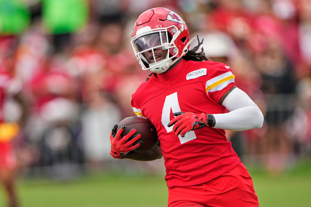 Kansas City Chiefs wide receiver Rashee Rice runs during NFL football training camp Saturday, Aug. 1, 2026, in St. Joseph, Mo. (AP Photo/Charlie Riedel)