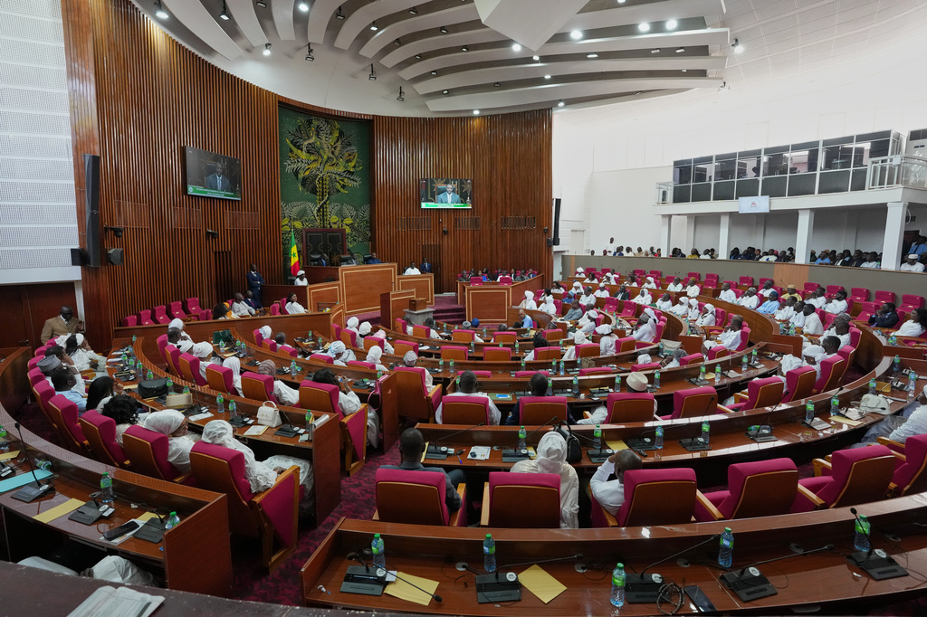 A general view of the National Assembly during a session to elect Ousmane Sonko as President of the National Assembly, following President Bassirou Diomaye Faye's dismissal of him as Prime Minister in Dakar, Senegal, Tuesday, May 26, 2026. (AP Photo/Misper Apawu) CORRECTION: Name corrected to Ousmane instead of Ousman
