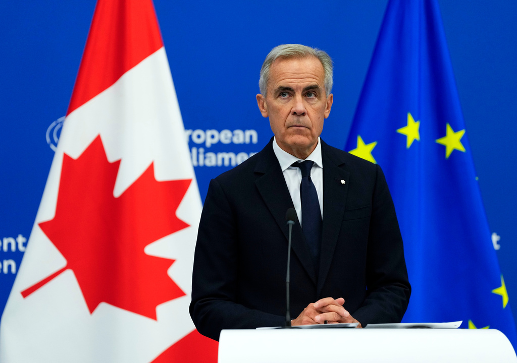 Prime Minister Mark Carney participates in a joint news conference with President of the European Parliament Roberta Metsola, not shown, at the European Parliament in Strasbourg, France, on Thursday, Sept. 17, 2026.(Justin Tang /The Canadian Press via AP)