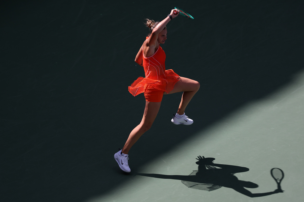 Aryna Sabalenka, of Belarus, serves the ball to Kamilla Rakhimova, of Uzbekistan, during the third round of the U.S. Open tennis championships Friday, Sept. 4, 2026, in New York. (AP Photo/Heather Khalifa)