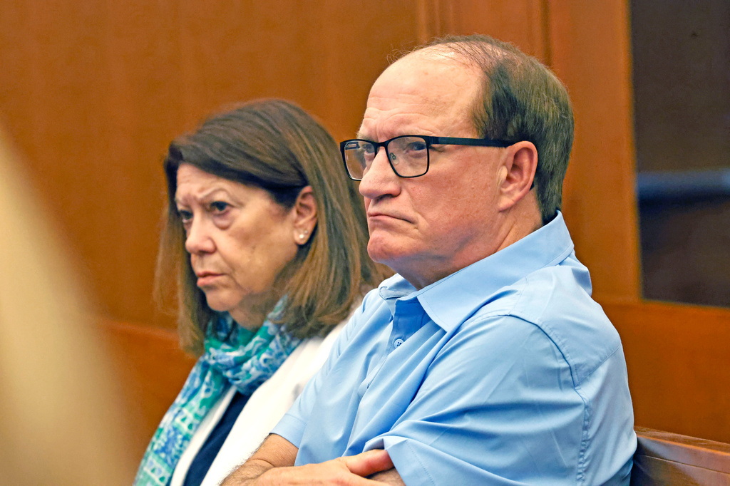 Paula and Mike Musgrove, parents of Lindsay Clancy, sit as jury selection starts in Lindsay's murder trial where she is charged in the 2023 killing of her three children, Monday, July 20, 2026, in Plymouth Superior Court in Plymouth, Mass. (Greg Derr/The Patriot Ledger via AP, Pool)