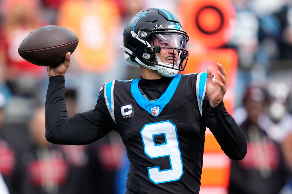 Carolina Panthers quarterback Bryce Young passes against the Tampa Bay Buccaneers during the first half of an NFL football game, Sunday, Dec. 21, 2025, in Charlotte, N.C. (AP Photo/Erik Verduzco)