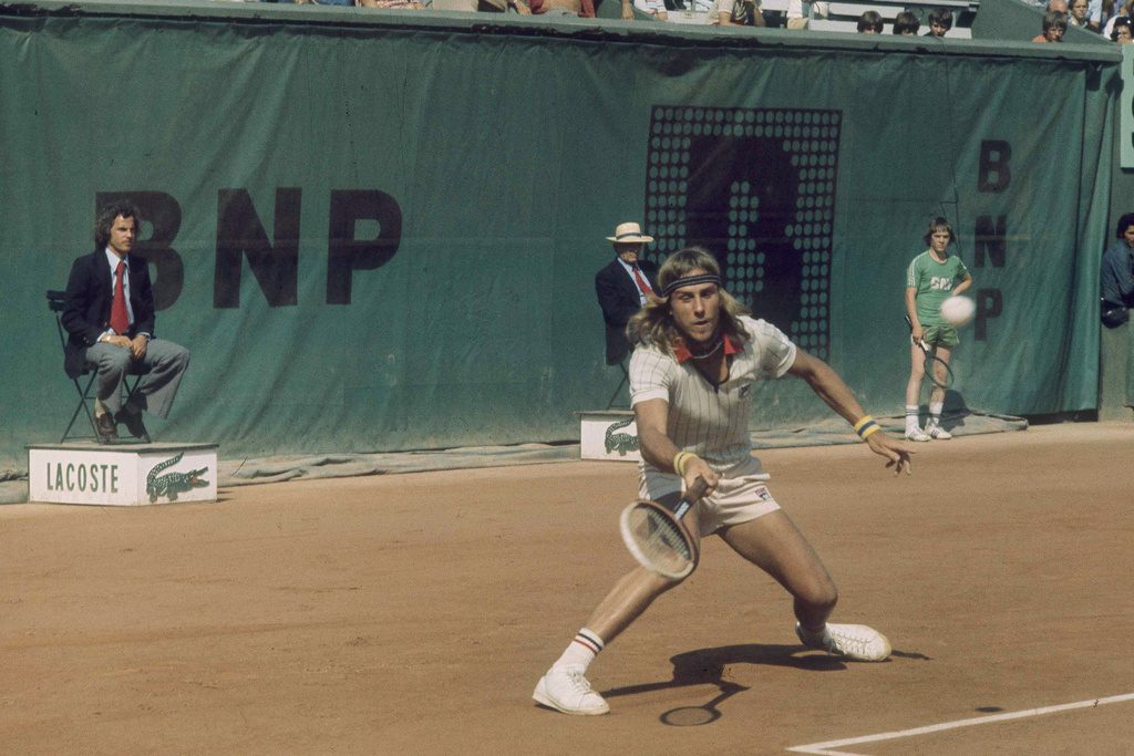 FILE - Björn Borg, of Sweden, competes at the French Open Tennis Championships at Roland Garros Stadium, June 1976. (AP Photo/GK, File)