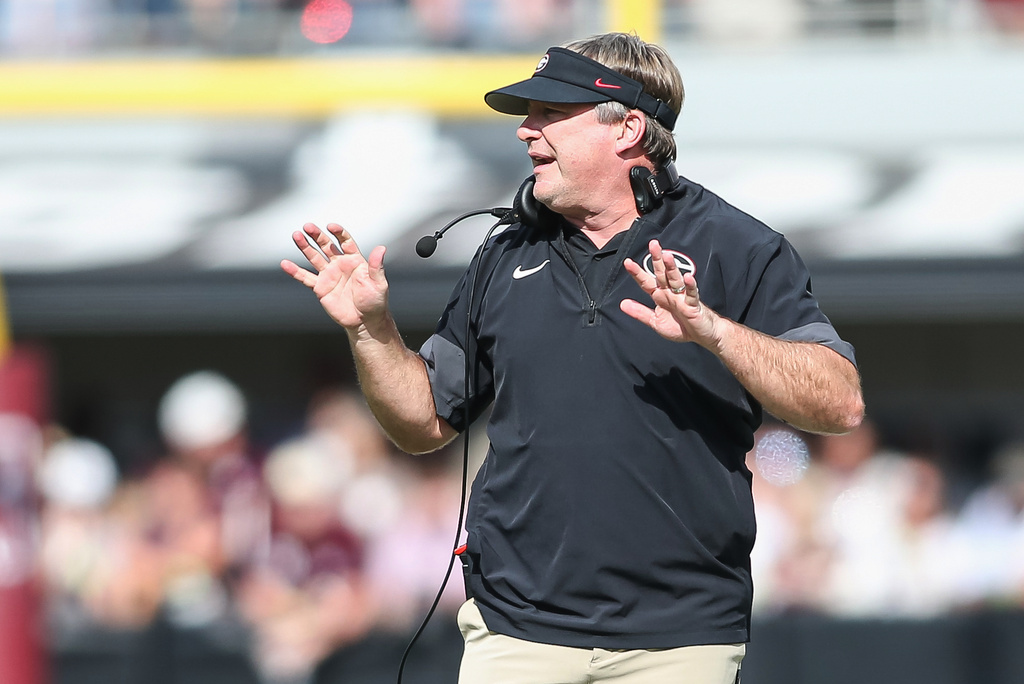 Georgia head coach Kirby Smart reacts to a play during the first half of an NCAA college football game against Mississippi State in Starkville, Miss., Saturday, Nov. 8, 2025. (AP Photo/James Pugh)