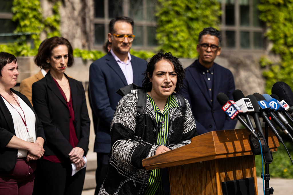 FILE - Flanked by other professors, University of Chicago Assistant Professor Eman Abdelhadi speaks during a news conference on campus about the pro-Palestinians protest encampment in the university's quad, Monday, May 6, 2024. (Ashlee Rezin/Chicago Sun-Times via AP, File)