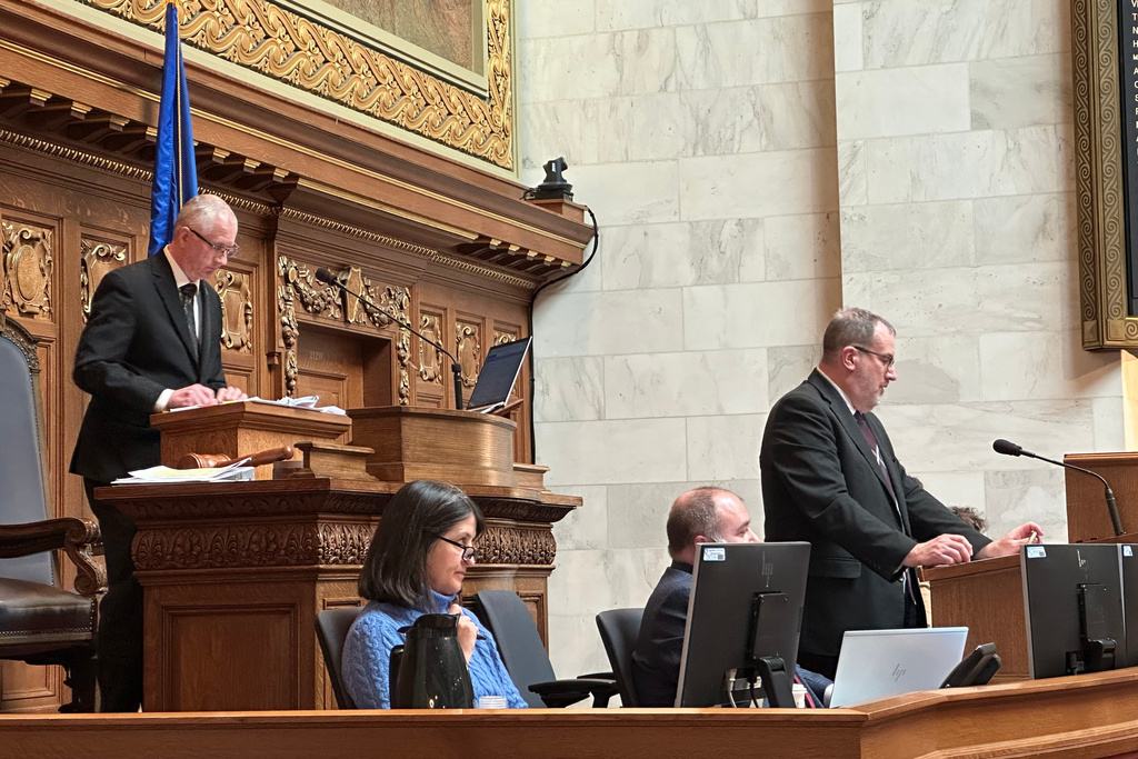 A WisconsinEye camera does not broadcast a meeting of the Wisconsin Assembly in Madison, on Thursday, Jan. 22, 2026, after the network shut down due to a lack of funding, leaving Wisconsin as the only state that does not make audio or video of its legislative session days public. (AP Photo/Scott Bauer)