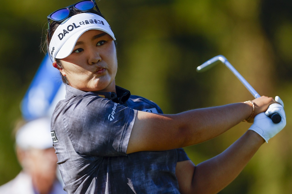 Haeran Ryu, of South Korea, tees off on the 15th hole during round two of the Annika LPGA tournament on Friday, Nov. 14, 2025, in Belleair, Fla. (Luis Santana/Tampa Bay Times via AP)