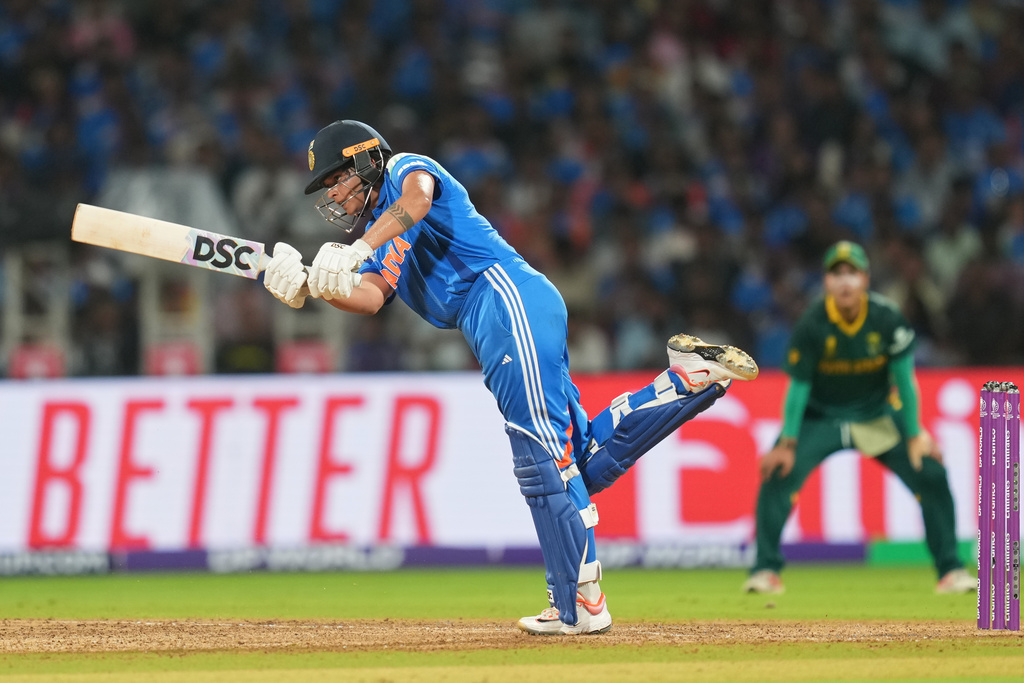India's Shafali Verma plays a shot during the ICC Women's Cricket World Cup final match between India and South Africa in Navi Mumbai, India, Sunday, Nov. 2, 2025. (AP Photo/Rafiq Maqbool)