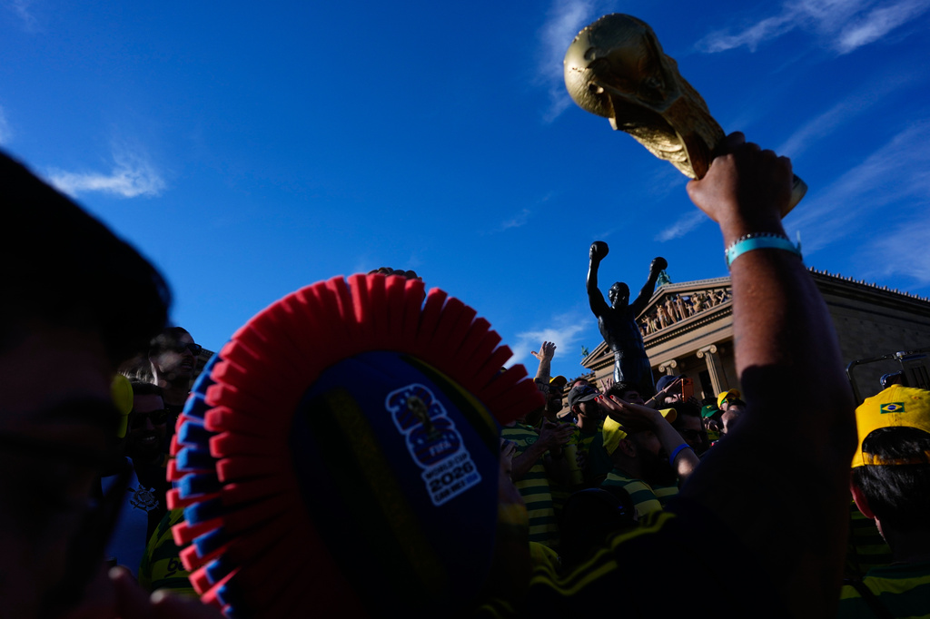 Fans of Brazil cheer as they gather at the Rocky Steps ahead of their team's World Cup group C soccer match against Haiti in Philadelphia, Thursday, June 18, 2026. (AP Photo/Petr David Josek)
