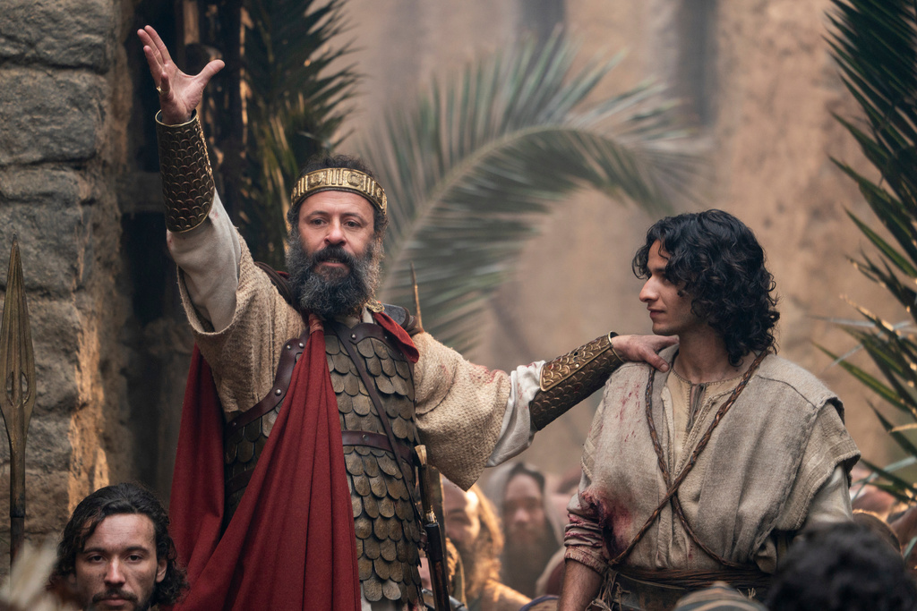 This image released by Prime shows Ali Suliman, left, and Michael Iskander in a scene from "House of David." (Prime/Amazon MGM Studios via AP)