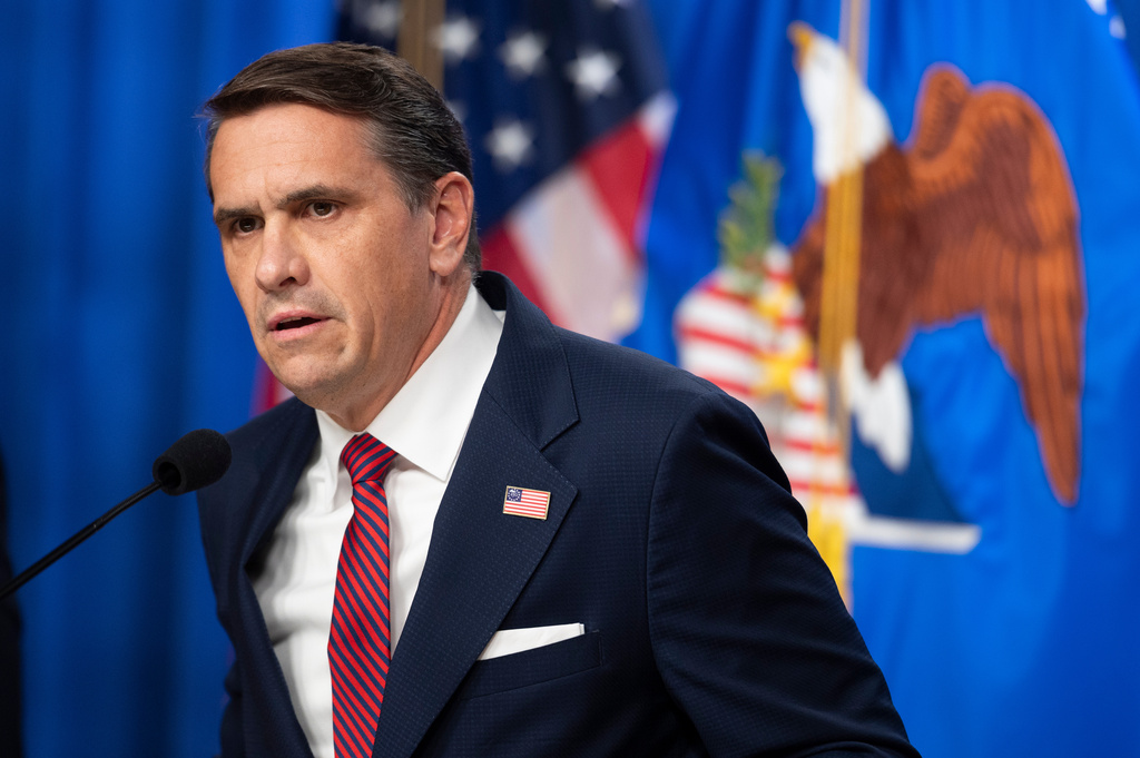 Acting Attorney General Todd Blanche announces that former FBI Director James Comey has been indicted, at the Justice Department in Washington, Tuesday, April 28, 2026. (AP Photo/Cliff Owen)