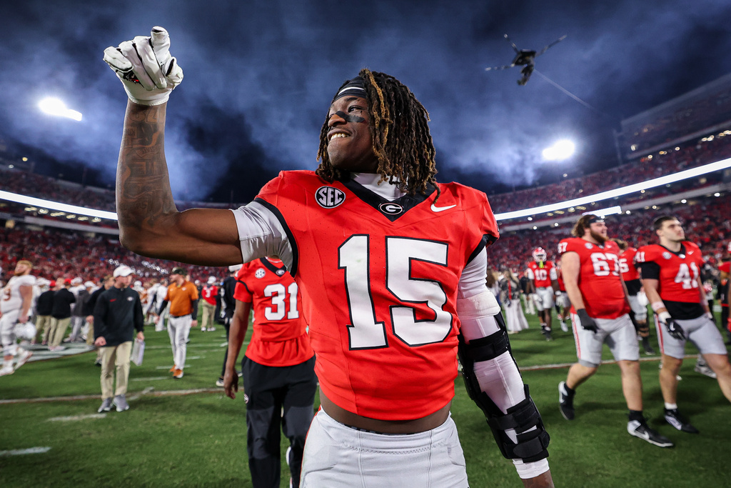 Georgia defensive back Demello Jones (15) reacts after an NCAA college football game against Texas, Saturday, Nov. 15, 2025, in Athens, Ga. (AP Photo/Colin Hubbard)