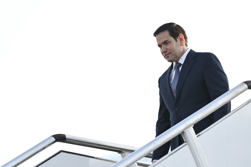 U.S. Secretary of State Marco Rubio, front, arrives at Subang Air Base, outside of Kuala Lumpur Thursday, July 10, 2025. Rubio arrived in Malaysia to attend the ASEAN Foreign Ministers' Meeting. (Mandel Ngan/Pool Photo via AP)