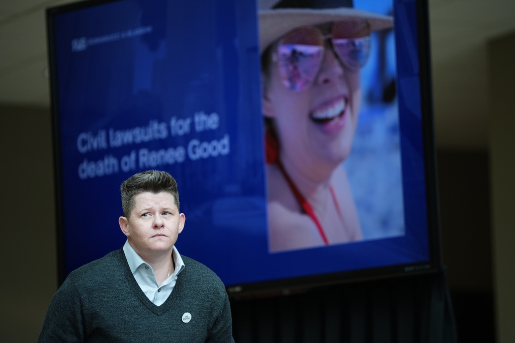 Becca Good, Renee Good's partner, arrives for a news conference after Good's family sued the U.S. government and several immigration officials, Thursday, Oct. 1, 2026, in Minneapolis. (AP Photo/Ellen Schmidt)