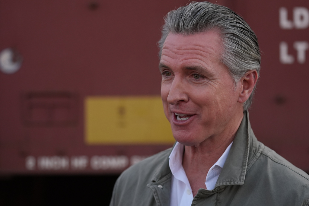 FILE - California Gov. Gavin Newsom reacts during a news conference in Wasco, Calif., Tuesday, Feb. 3, 2026. (AP Photo/Damian Dovarganes, File)