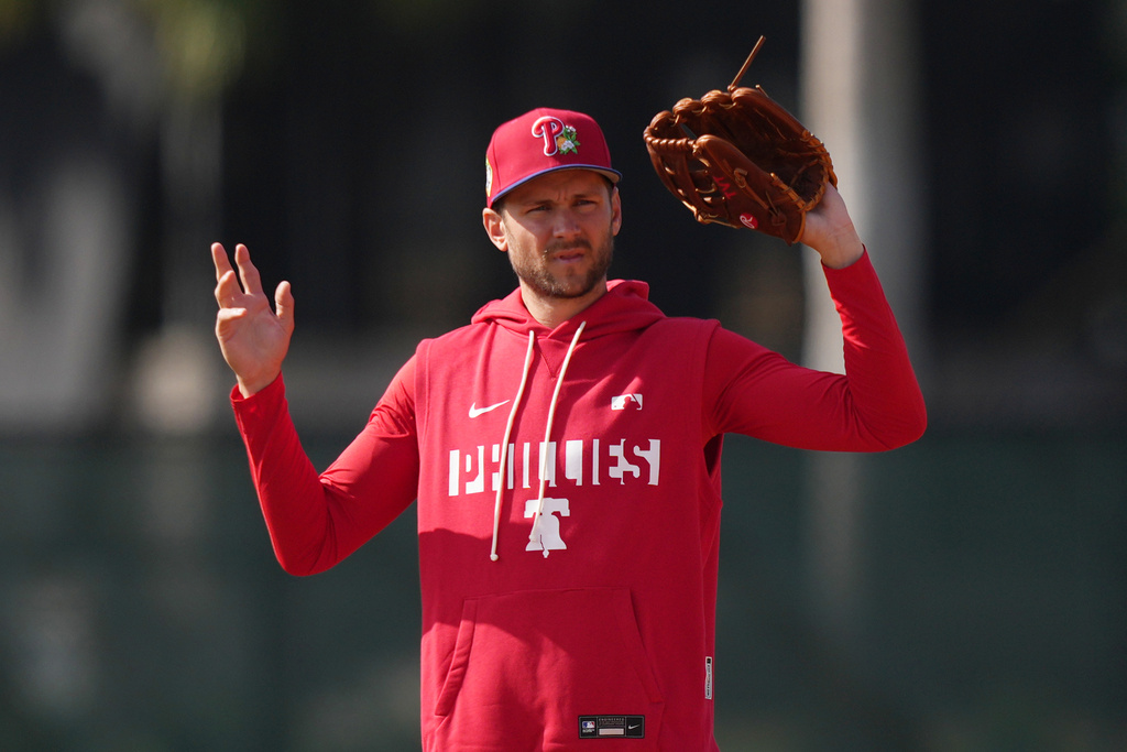 Philadelphia Phillies' Trea Turner reacts during spring training baseball Monday, Feb. 16, 2026, in Clearwater, Fla. (AP Photo/Matt Slocum)