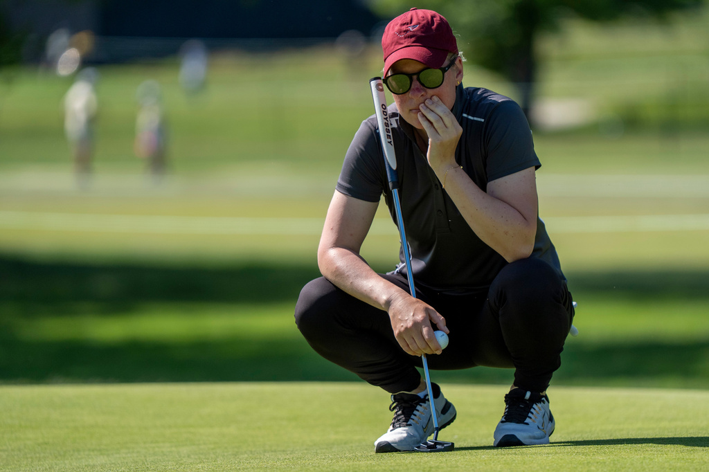 Nicole Broch Estrup looks over the greens on the 12th fairway during the first round of the ShopRite LPGA Classic golf tournament, Friday, May 29, 2026, in Galloway, N.J. (AP Photo/Chris Szagola)