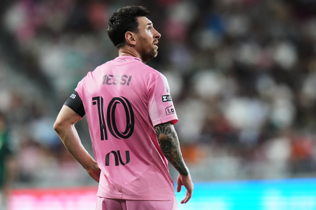 Inter Miami forward Lionel Messi (10) stands on the field during the second half of a Leagues Cup soccer match against Club León, Wednesday, Aug. 12, 2026, in Miami. (AP Photo/Lynne Sladky)