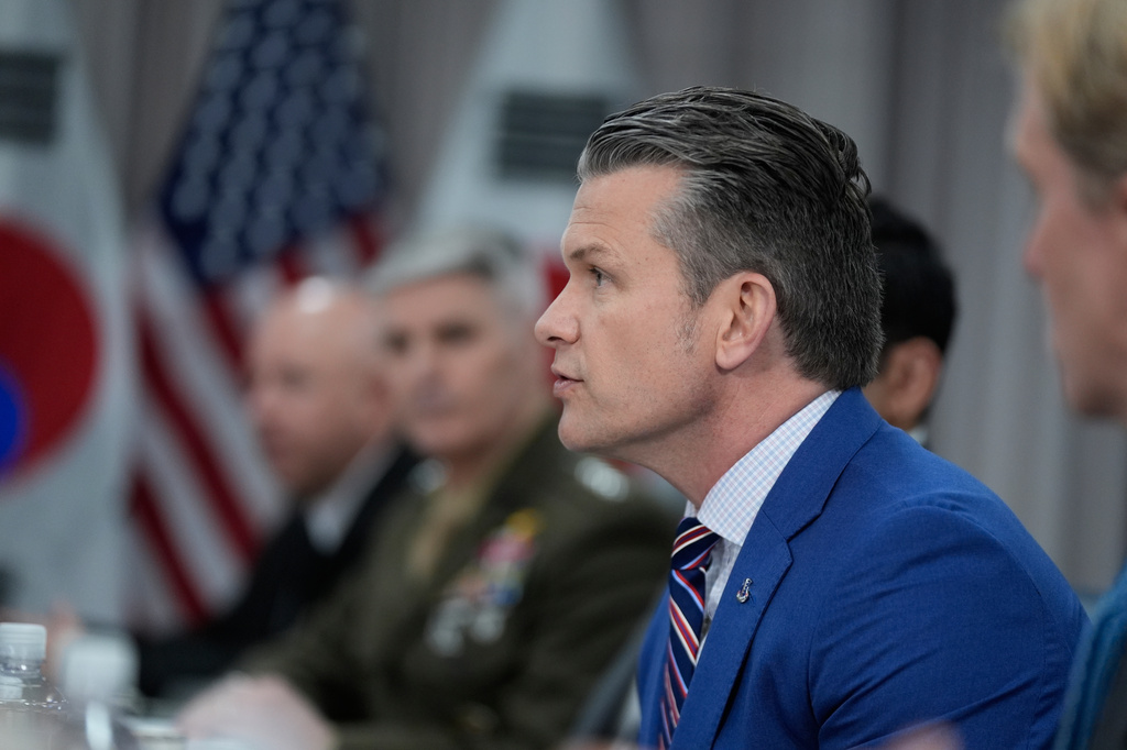 Defense Secretary Pete Hegseth meets with South Korea's Defense Minister Ahn Gyu-back, during at the Pentagon on Monday, May 11, 2026, in Washington. (AP Photo/Manuel Balce Ceneta)